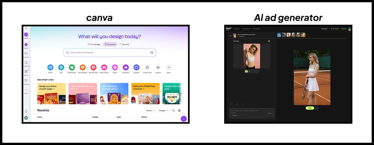 Side-by-side comparison of Canva design interface versus AI ad generator dashboard showing Canva alternative options