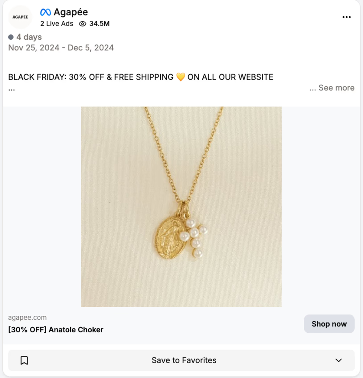 Agapee Black Friday ad preview with a gold-colored pendant necklace and a 30 percent discount plus free shipping in the copy