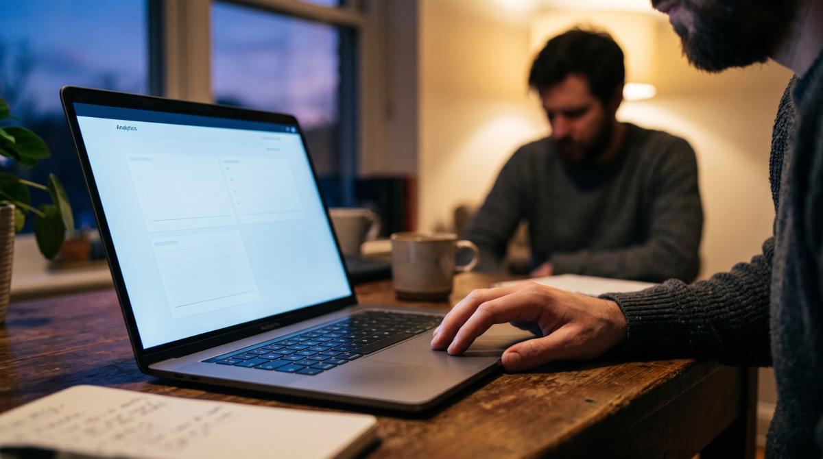 A person at a desk at dusk looking at a laptop showing an analytics dashboard with empty chart areas and no numbers