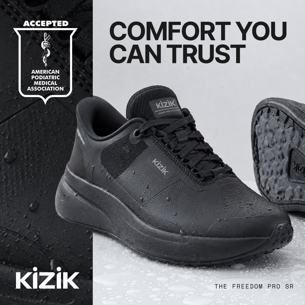 Kizik Freedom Pro SR shoe ad with Comfort you can trust headline and an APMA accepted seal
