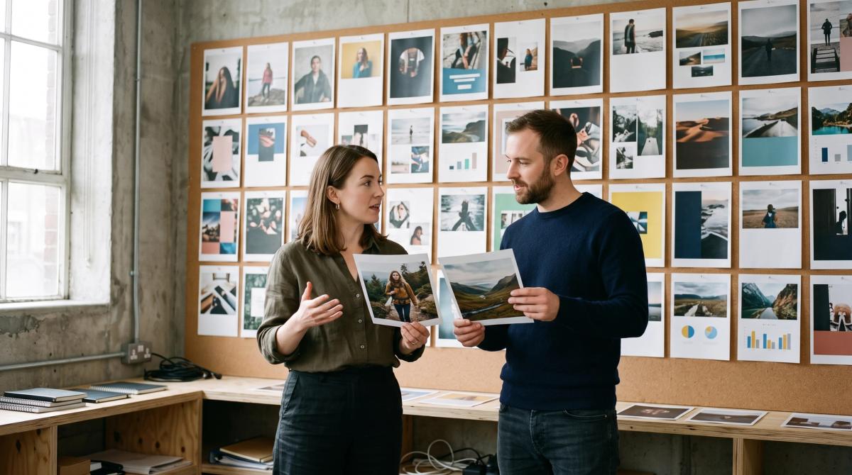 Two marketers compare printed ad concepts in front of a large board of visibly different creative variations