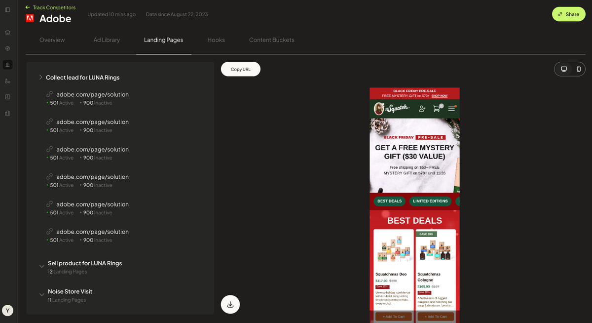 Dashboard screenshot showing Adobe competitor tracking with a landing pages list on the left and a Black Friday promotional landing page preview on the right.