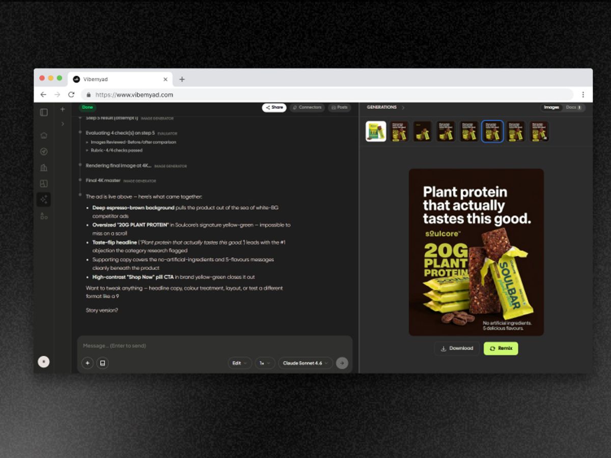 A prompt-generated Meta ad for Soulcore - clean, professional, and structurally identical to competitor output