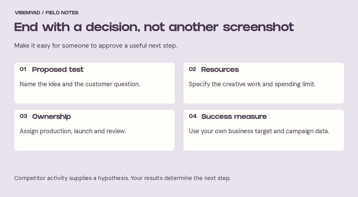 A test recommendation needs a proposed idea, resources, ownership and success measure.