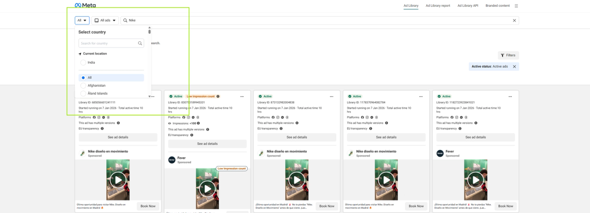 Filter by country and ad types