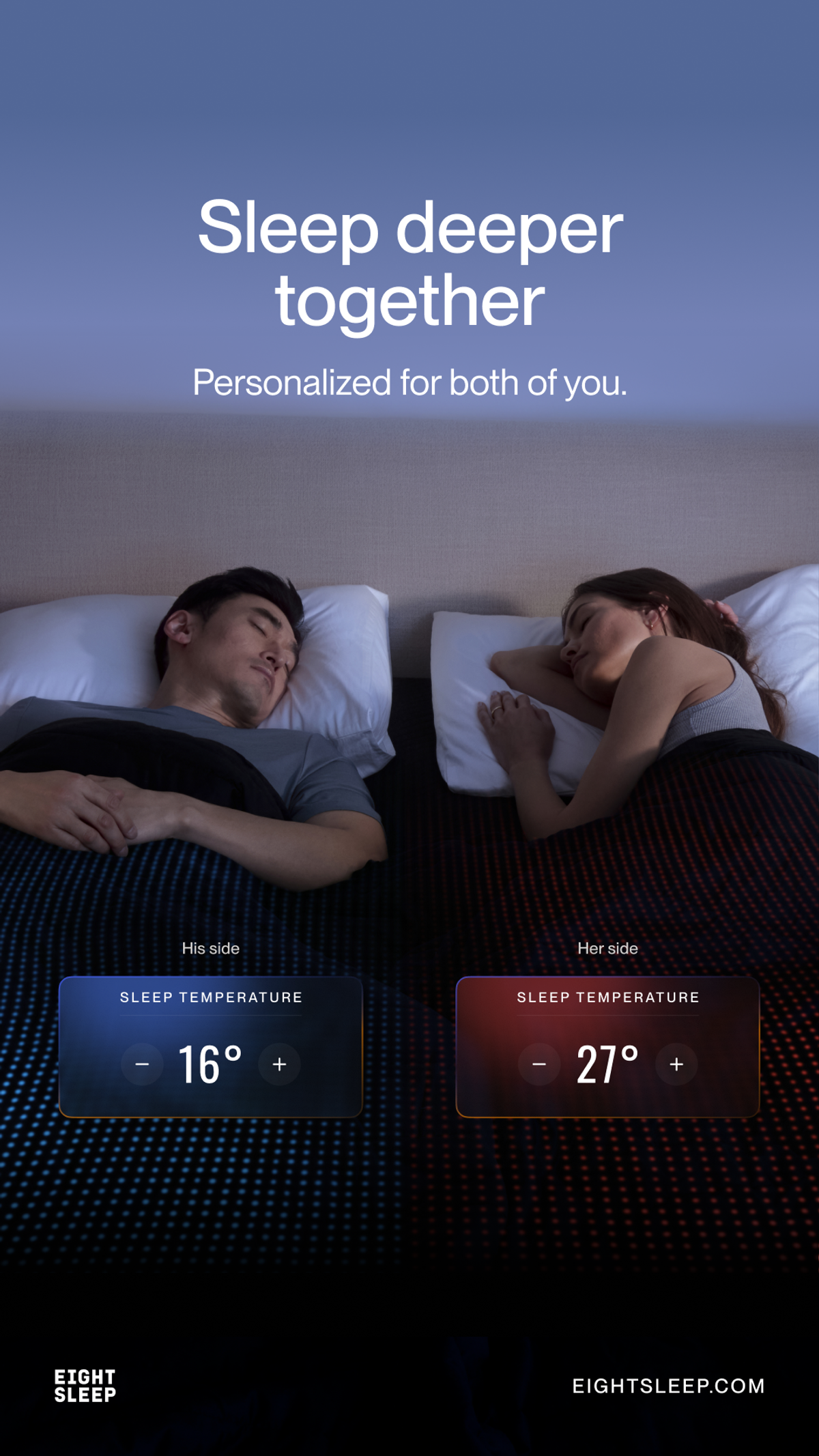 Eight Sleep ad showing a couple in bed with separate blue and red temperature controls for each side.