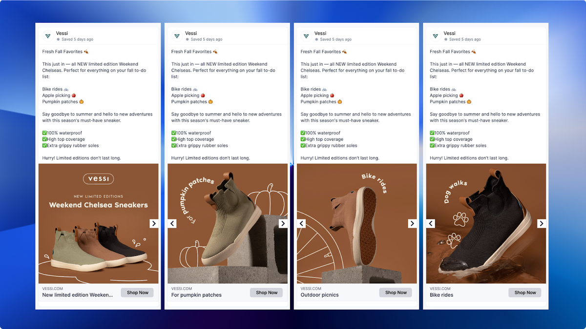 Vessi carousel example showing the available cards