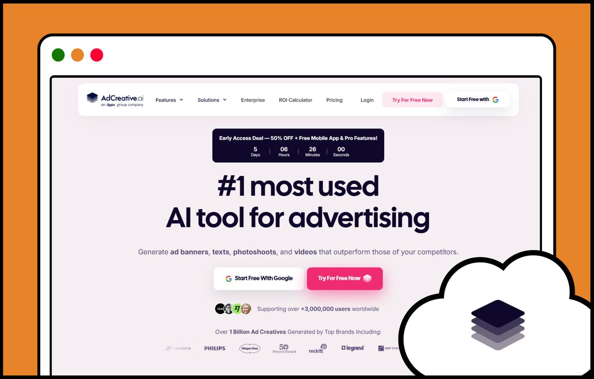 Screenshot of AdCreative.ai homepage showcasing AI-powered ad creation tools and analytics dashboard.