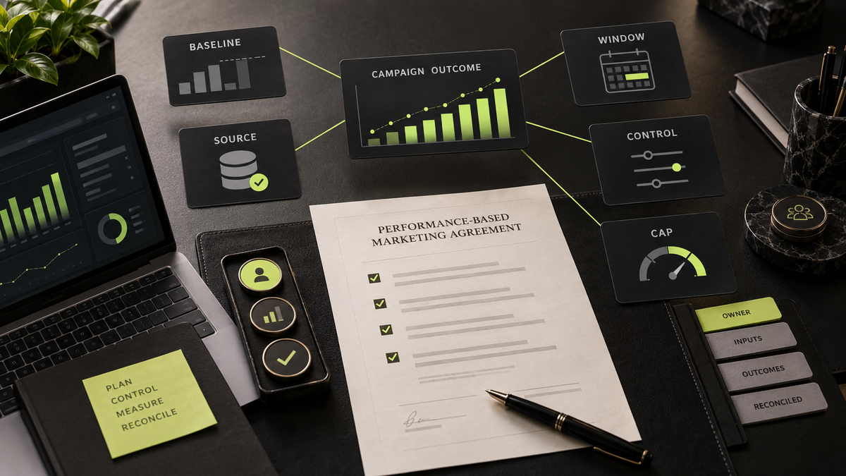 A performance-pricing agreement connects the baseline, source of truth, quality window, controllable inputs, and fee cap