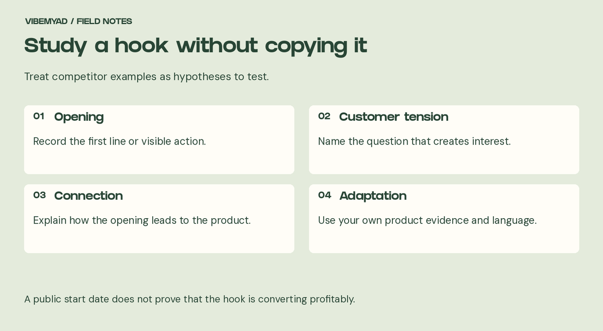 Study a hook without copying it Opening: Record the first line or visible action. Customer tension: Name the question that creates interest. Connection: Explain how the opening leads to the product. Adaptation: Use your own product evidence and language.