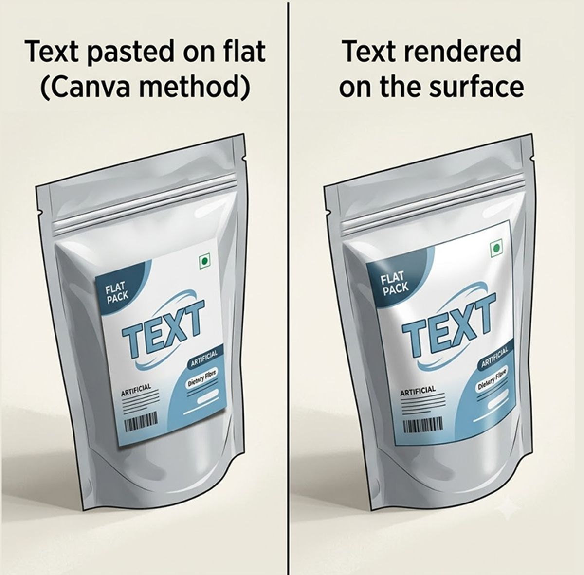 Two-panel comparison showing a product label pasted on flat over a curved pack, looking artificial and ignoring the lighting, next to the same label rendered correctly wrapping the surface and catching the light.