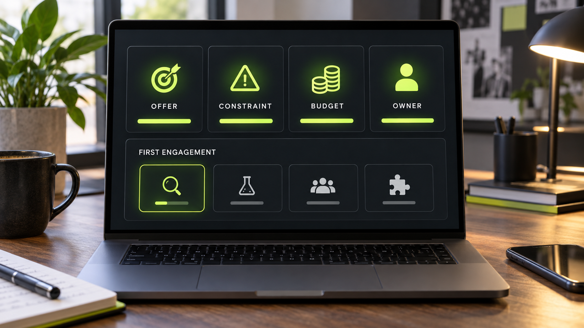 An agency-readiness dashboard checks the offer, constraint, budget, owner, and first engagement
