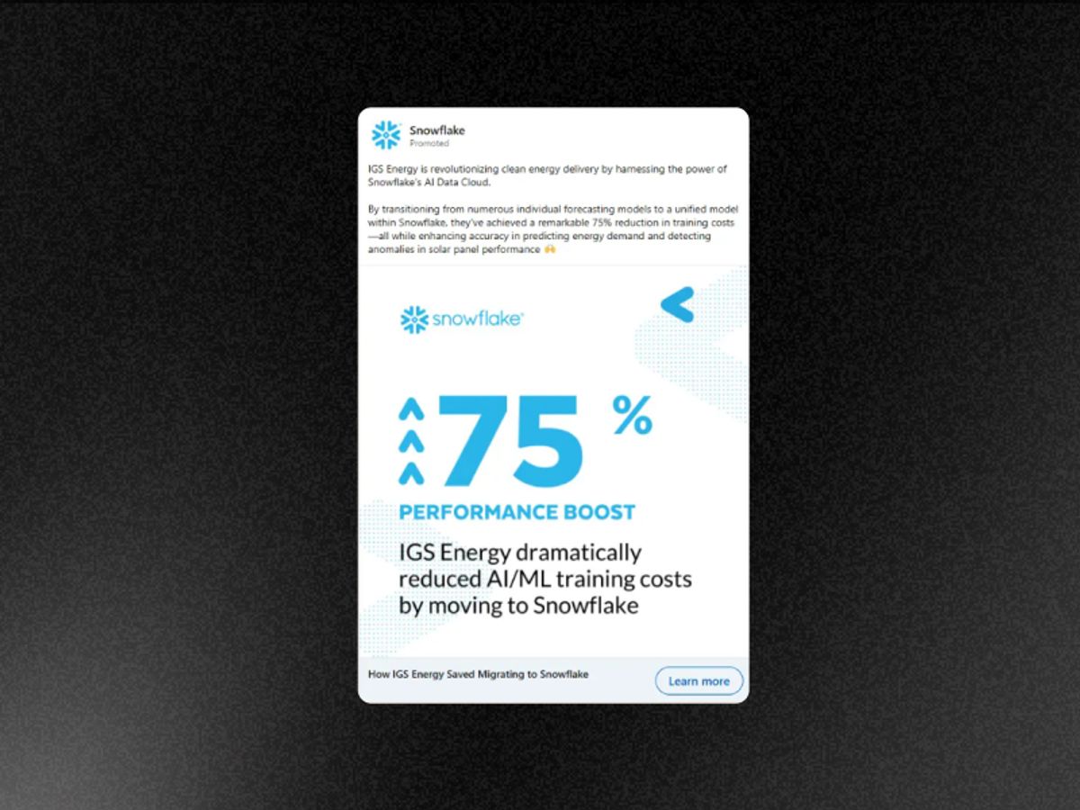 Snowflake LinkedIn static — oversized "75%" in giant typography dominating the frame, brief supporting context, Snowflake branding