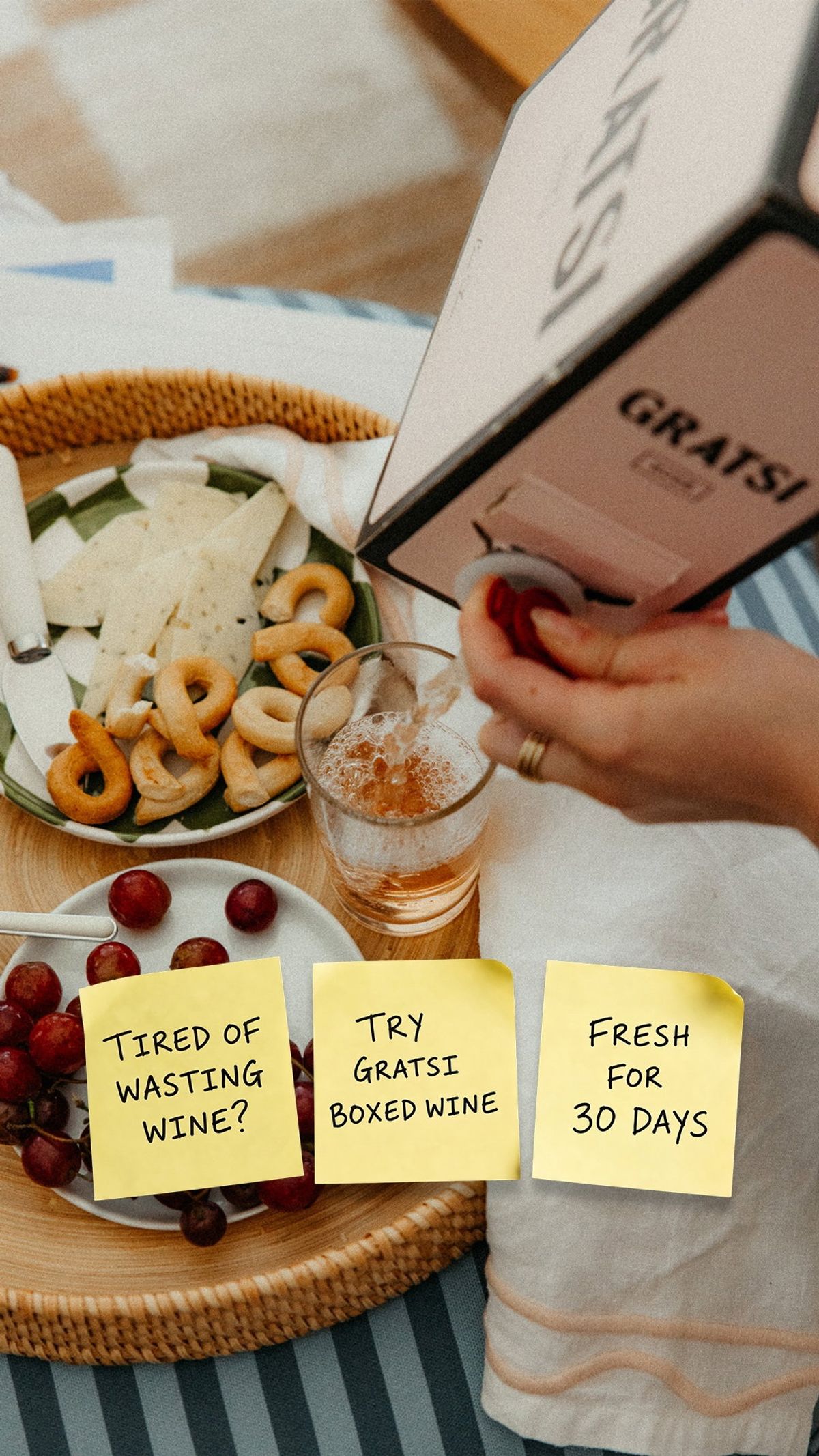 Gratsi wine box with notes about wasted wine and freshness