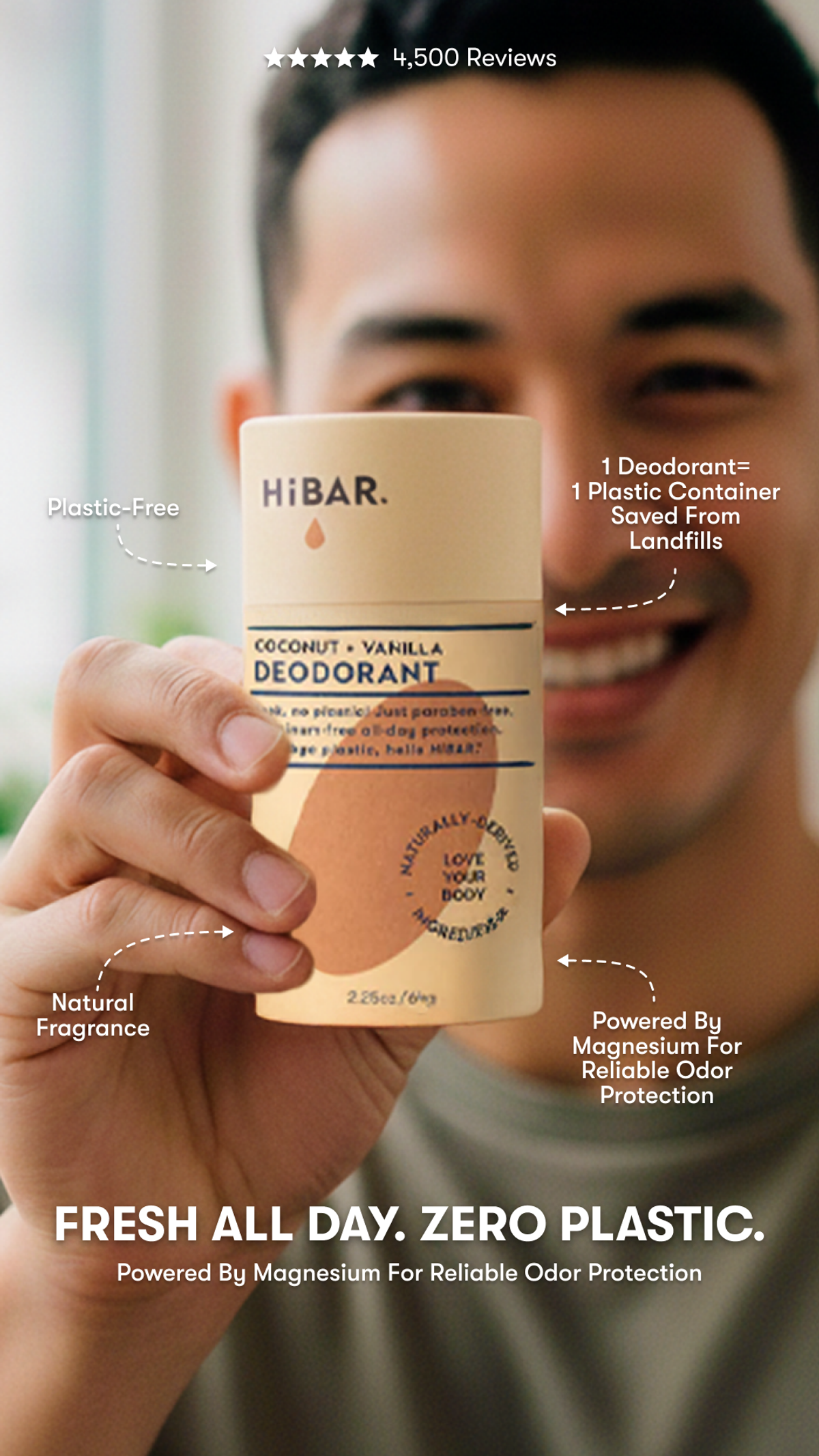 HiBAR plastic-free deodorant with product benefit callouts