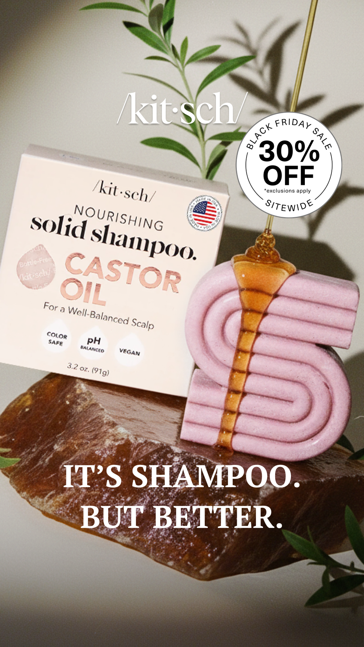 Kitsch castor oil solid shampoo ad showing the bar, its packaging and a Black Friday 30 percent off badge