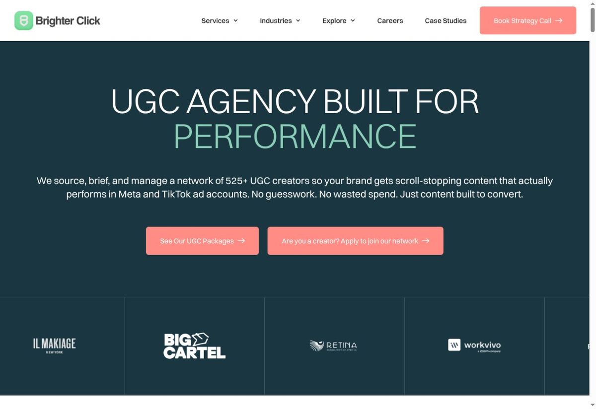 Screenshot of the Brighter Click UGC agency page