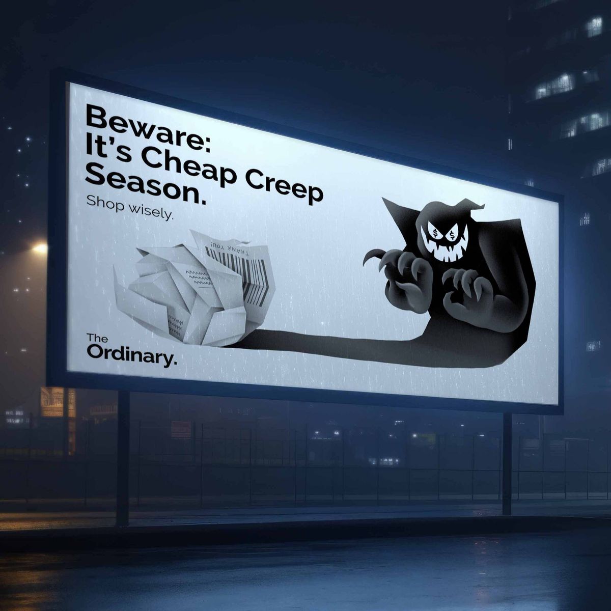 The Ordinary Slowvember billboard showing a crumpled receipt casting a monster-shaped shadow