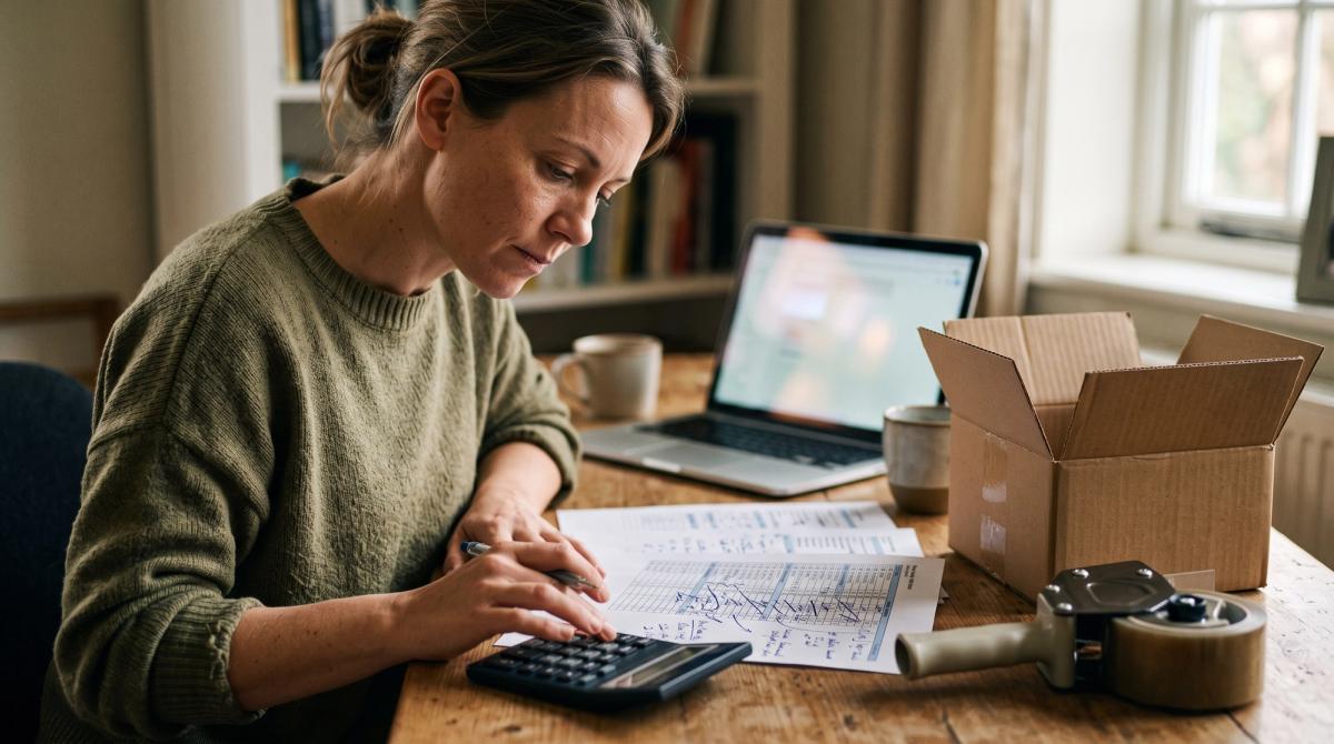 An ecommerce founder works through contribution margin and ad cost by hand at a desk, with a shipping box and packing tape beside her