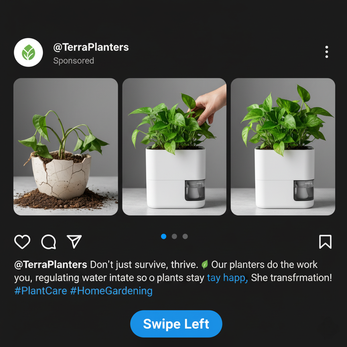 An Instagram Carousel Ad by TerraPlanters showing a three-part progression. The first image shows a dying plant in a broken pot. The second image shows a healthy plant being placed into a modern, white self-watering TerraPlanter. The third image shows the same plant thriving in the new planter. The ad highlights the product benefit and encourages users to 'Swipe Left' to view the transformation.