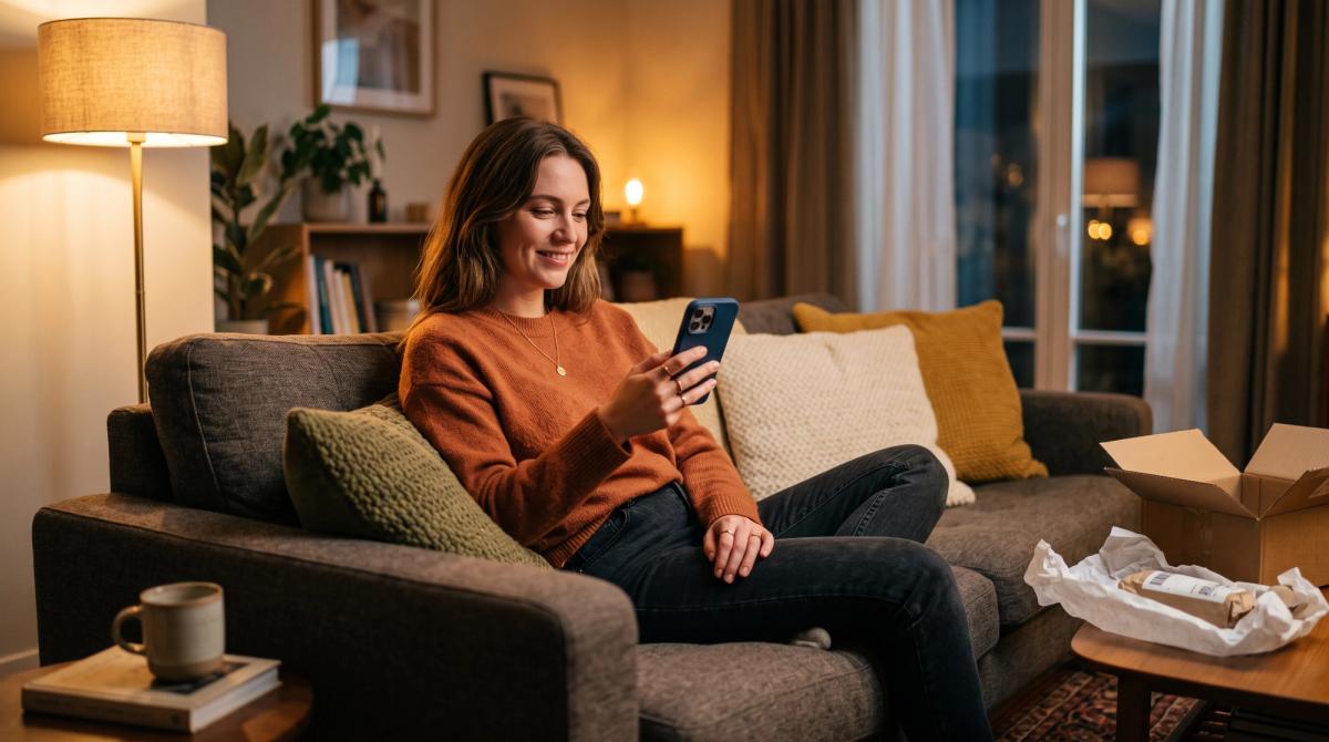 A shopper at home on a sofa buying from a phone, with a just-opened parcel on the floor beside her