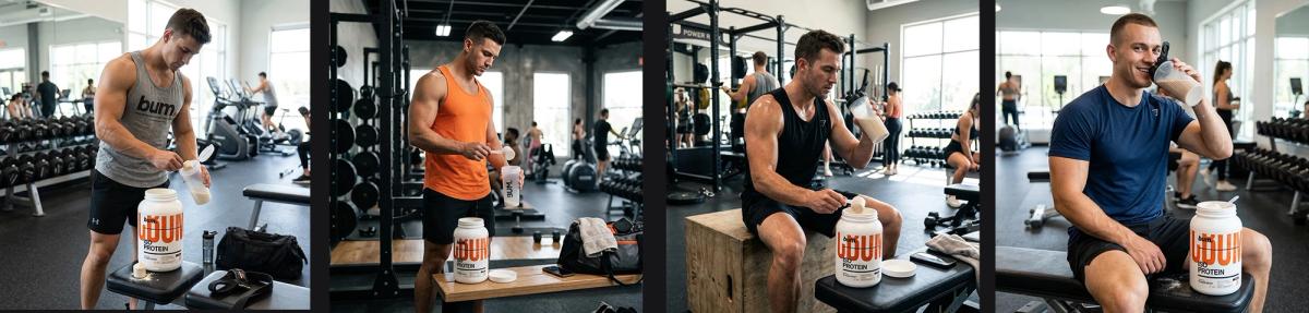 Ideogram-generated gym images of a man using a protein powder, where the tub's "bum." and "ISO PROTEIN" front text is legible but the flavor name and dense side panel from the real pack are absent.