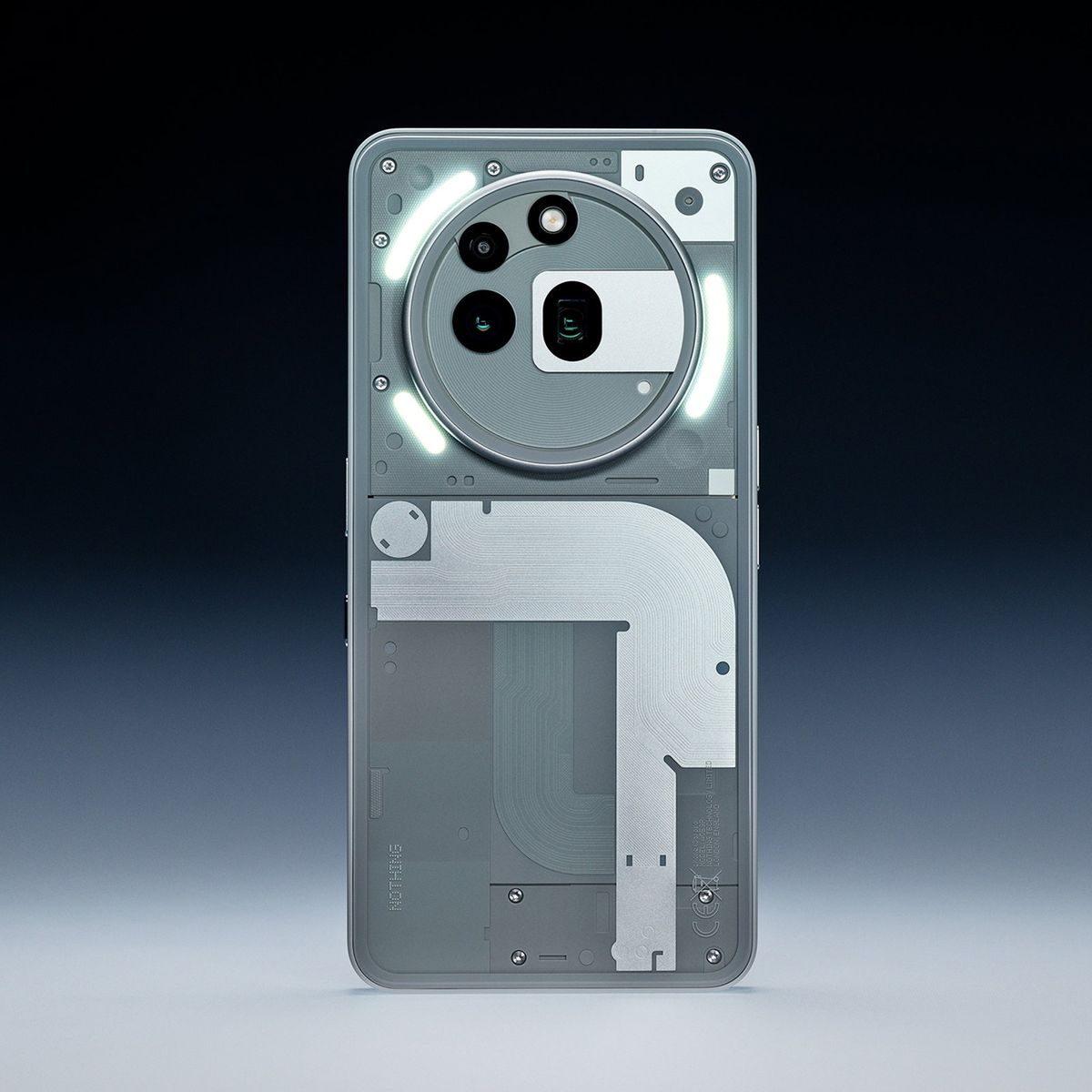 Nothing phone ad showing its transparent-style rear design and illuminated elements against a dark background