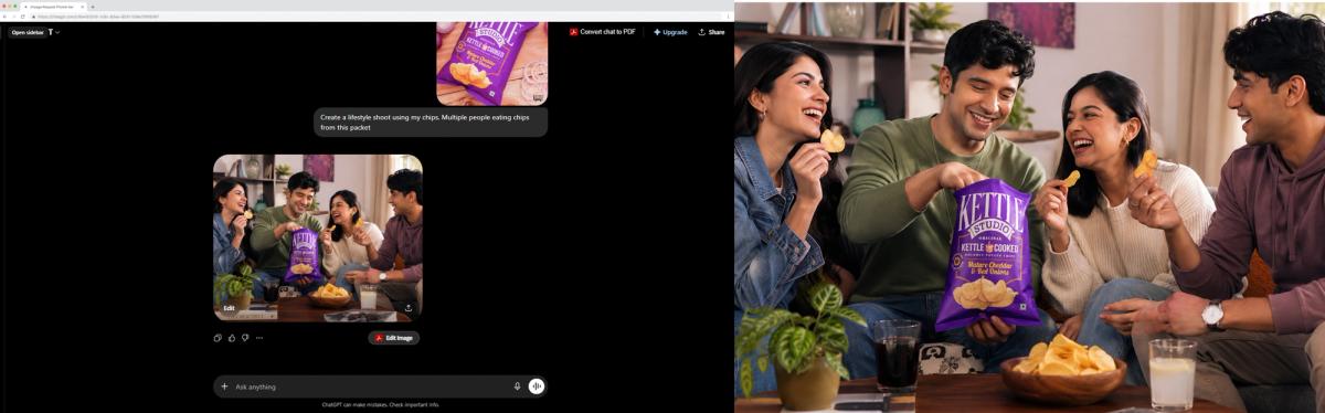 ChatGPT interface showing the prompt "Create a lifestyle shoot using my chips" with the real Kettle Studio pack uploaded as reference, beside the generated image of four friends eating chips; the bag's top branding survives but the smaller flavor and seal text has degraded.