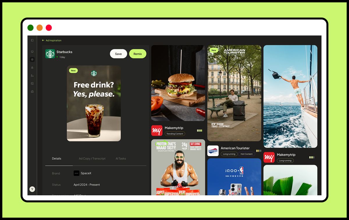 Vibemyad ad inspiration dashboard showcasing high-performing social media ad creatives from brands like Starbucks, American Tourister, and MakeMyTrip, featuring remix ads, saved creatives, trending content, and visual ad examples for competitor analysis and marketing inspiration.