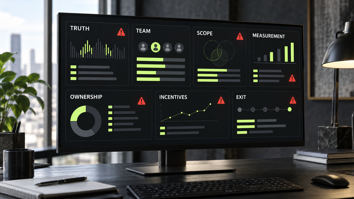 An agency-vetting dashboard evaluates truth, team, scope, measurement, ownership, incentives, and exit terms