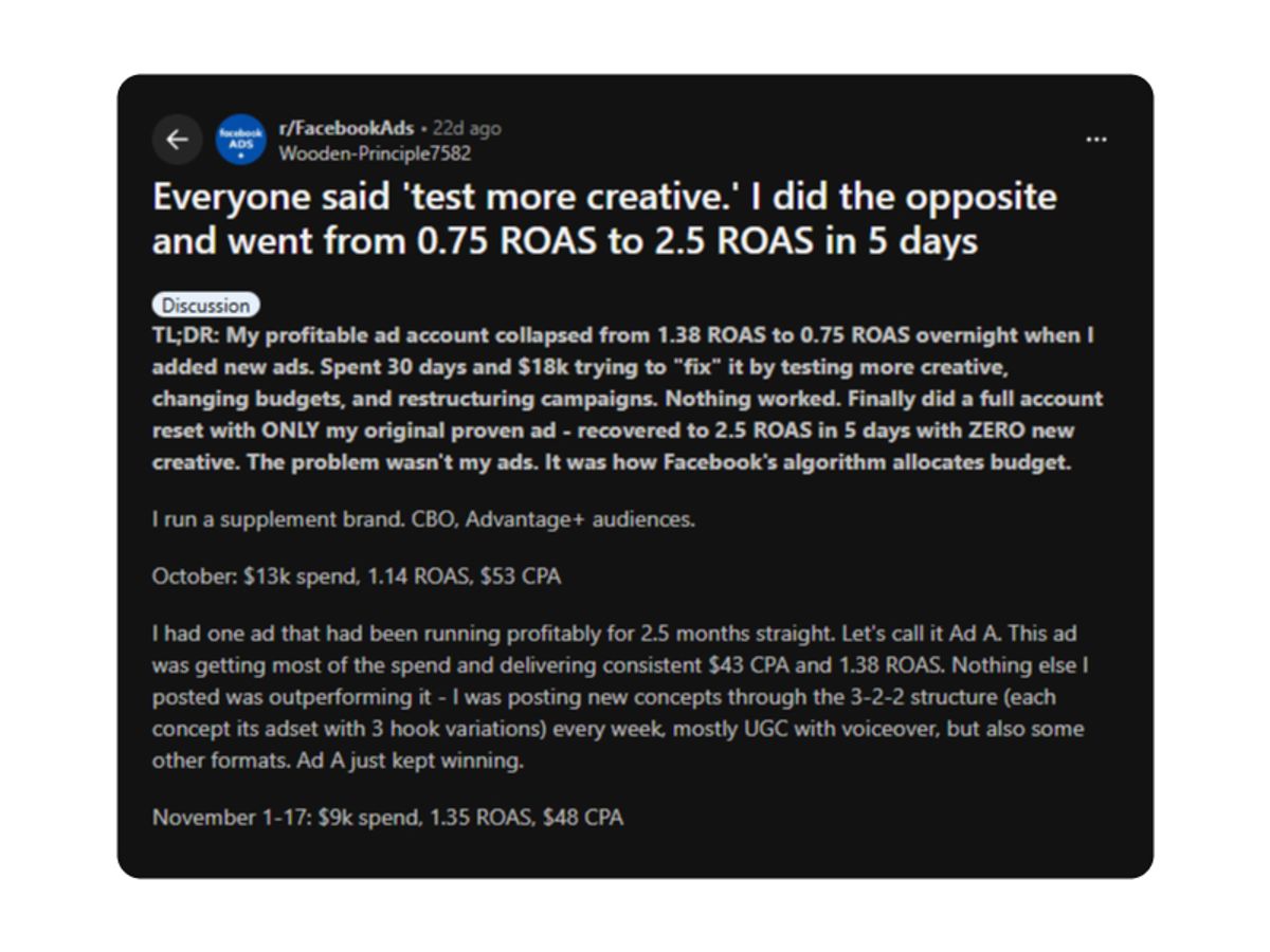 "Real Reddit discussion: Advertiser recovers from account collapse using proper testing structure