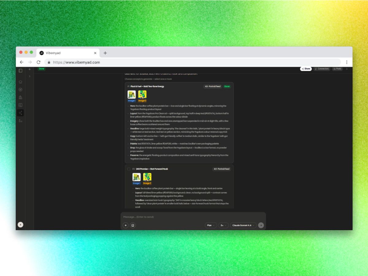 Plan Mode in the Vibemyad agent showing two concept cards generated from the selected reference and the Soulcore brand book
