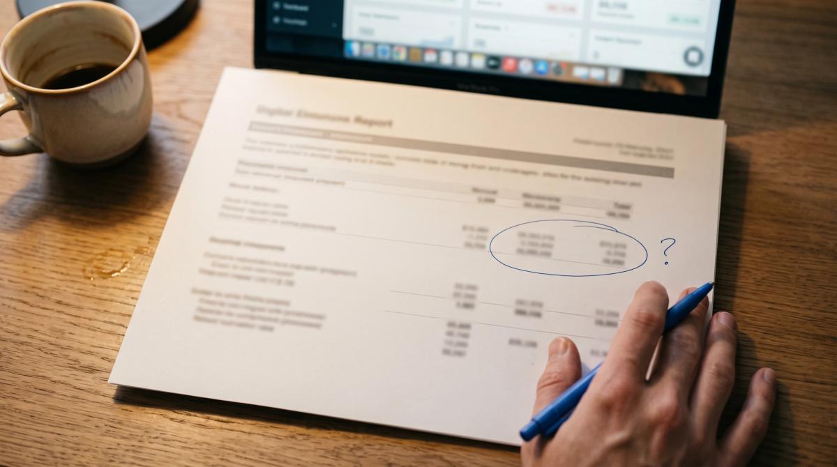 An overhead view of a printed performance report with one figure circled in blue pen and a question mark written beside it
