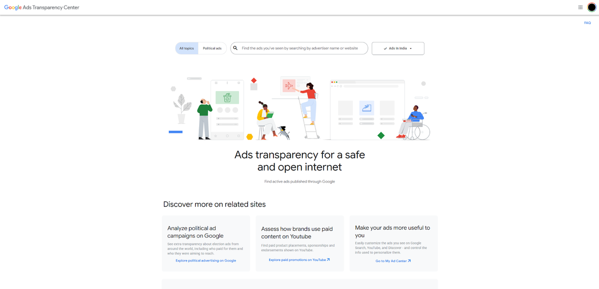 Google Ads Transparency Center homepage showing tools to search active ads in India, with filters for all topics or political ads and options to analyze ad transparency and brand advertising.