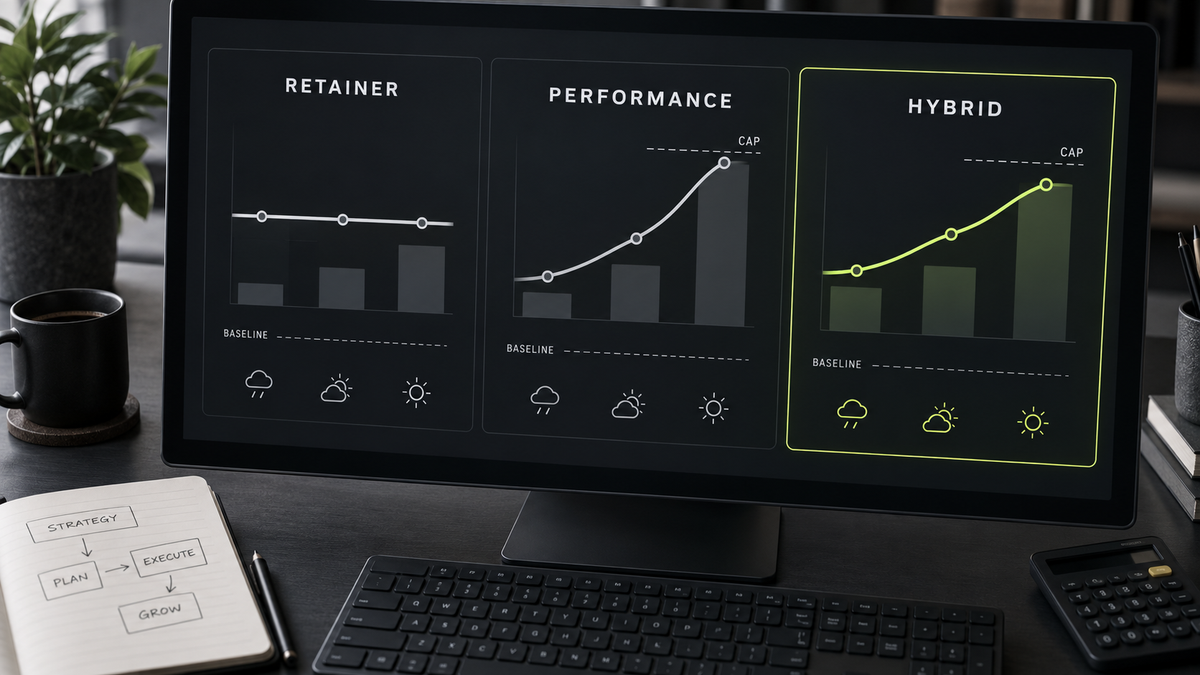 A Vibemyad-style pricing dashboard compares retainer, performance-based, and hybrid agency fee behavior