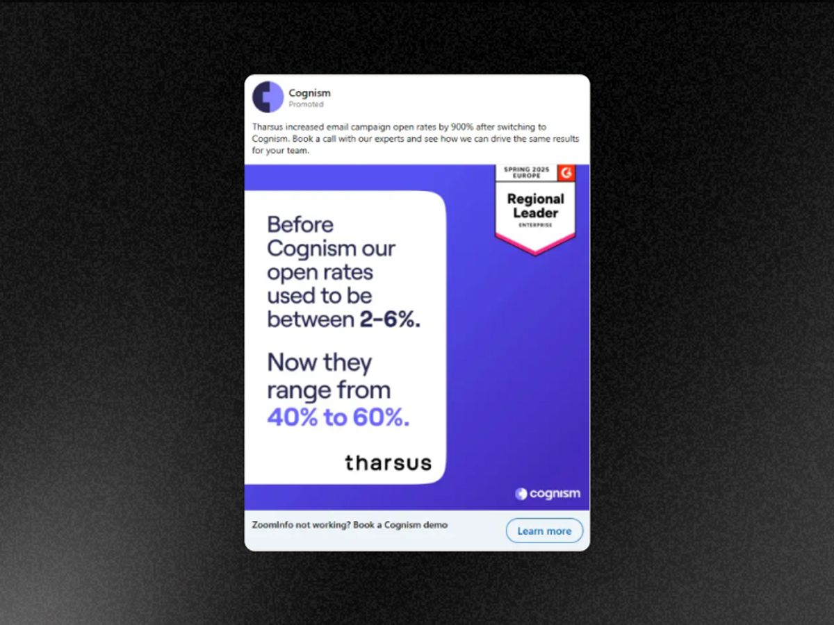 Clean split visual — "Before Cognism: 6% open rate" on the left, "After Cognism: 60% open rate" on the right. Bold numbers, minimal design, LinkedIn sponsored