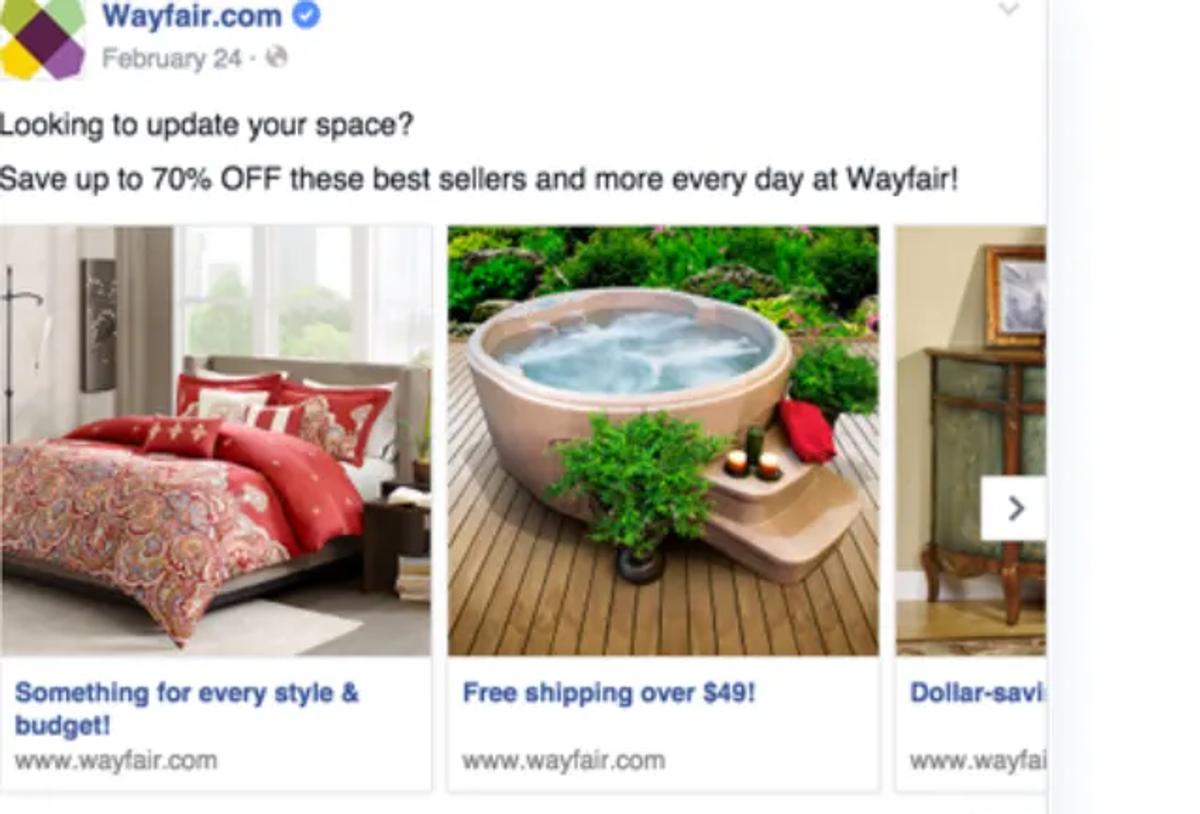 Wayfair carousel example showing the available cards
