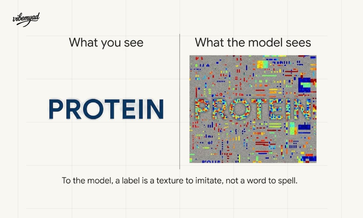 Two-panel diagram contrasting the word "PROTEIN" as humans read it against the same area shown as a noise pattern of text-shaped marks, illustrating that a diffusion model treats text as visual texture rather than as letters.