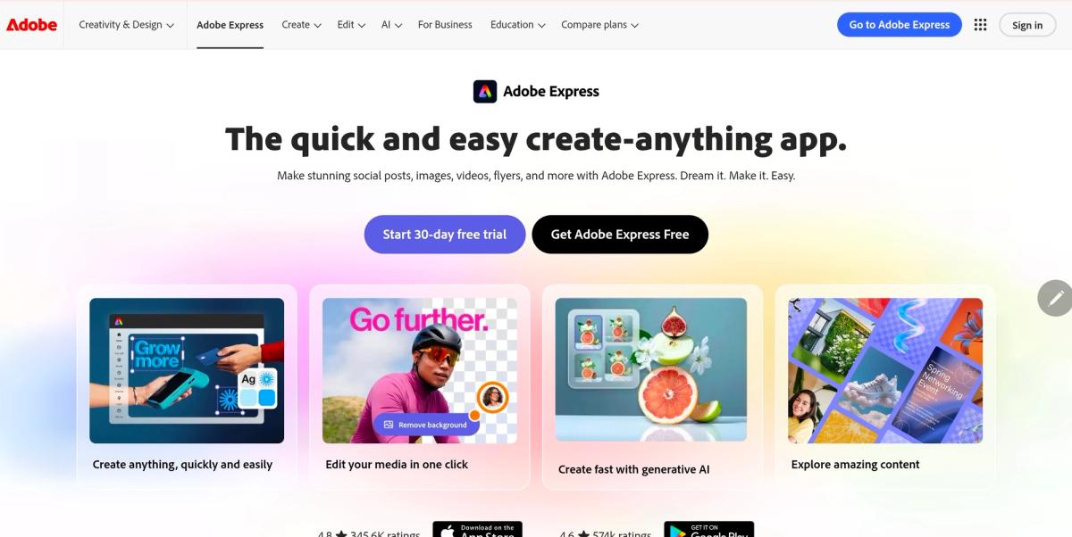 Screenshot of the Adobe Express homepage showing sections for creating graphics, editing media in one click, generative AI features, and exploring design templates.
