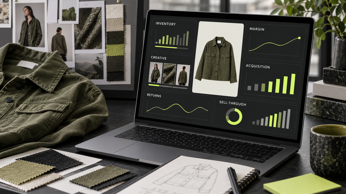 A fashion growth dashboard connects inventory, margin, creative, acquisition, returns, and sell-through