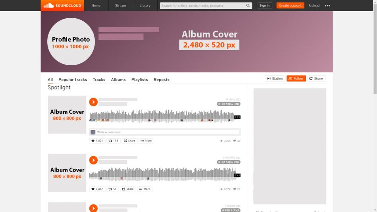A screenshot of the SoundCloud website showing profile and album cover dimensions, which are 1000×1000 px for the Profile Photo, 2480×520 px for the Album Cover (header), and 800×800 px for individual track Album Covers.