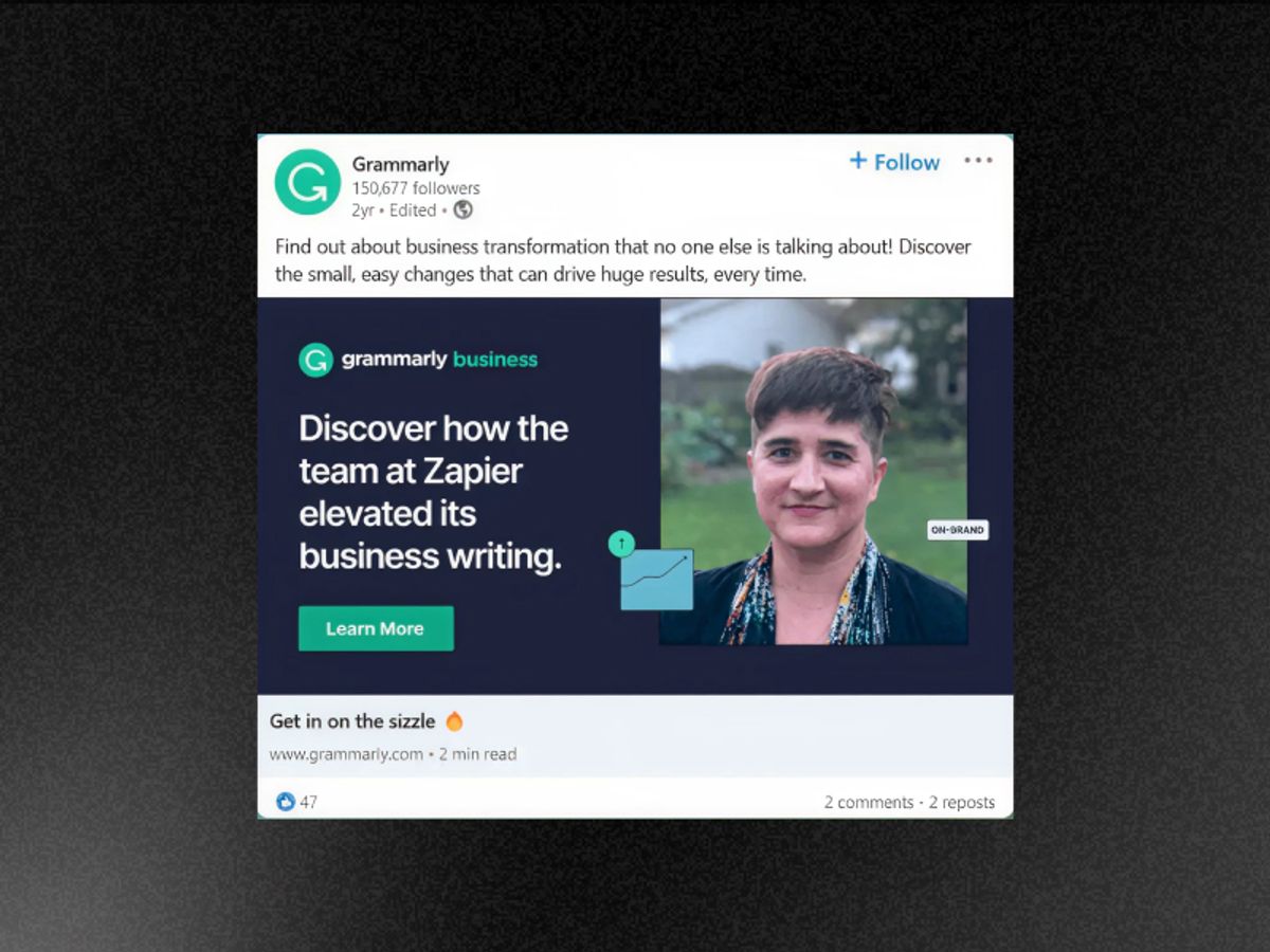 HubSpot LinkedIn static ad — "Discover how the team at Zapier elevated its business writing"