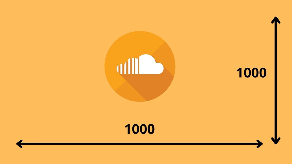 An image on an orange background showing a circular SoundCloud icon with a white cloud, illustrating the dimensions for a SoundCloud profile picture as 1000×1000.