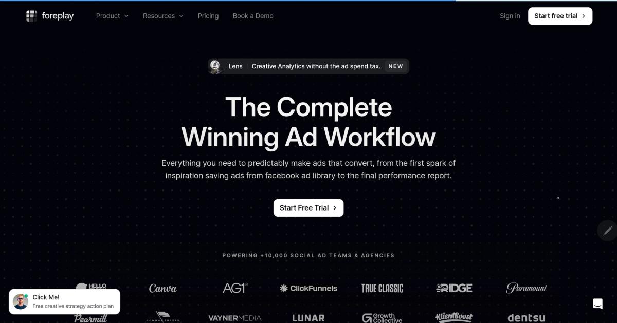 Foreplay landing page featuring the headline 'The Complete Winning Ad Workflow' against a dark starry background, with logos of major clients including Canva, ClickFunnels, Paramount, and Dentsu displayed below, and a prominent 'Start Free Trial' call-to-action button
