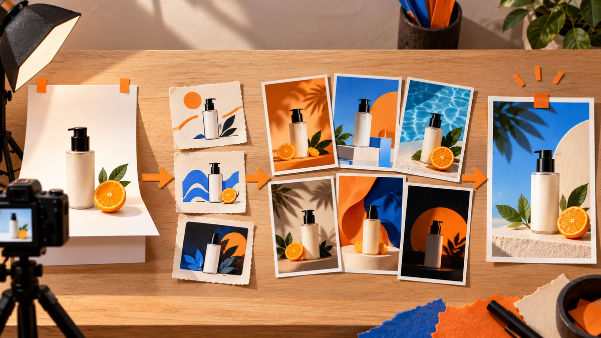 Physical sequence moving from product image through prompts to final advertising layouts