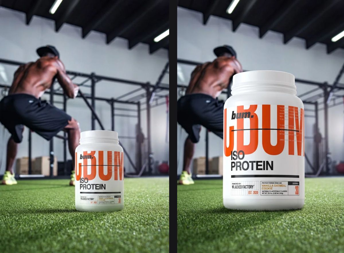 Vibemyad Ad Gen interface showing a grounded gym-floor render of the bum. ISO Protein tub, with the brand name, ISO Protein, Vanilla Oatmeal Cookie flavor, and dense side panel all legible and true to the real pack, and a "Fix product text" button visible.