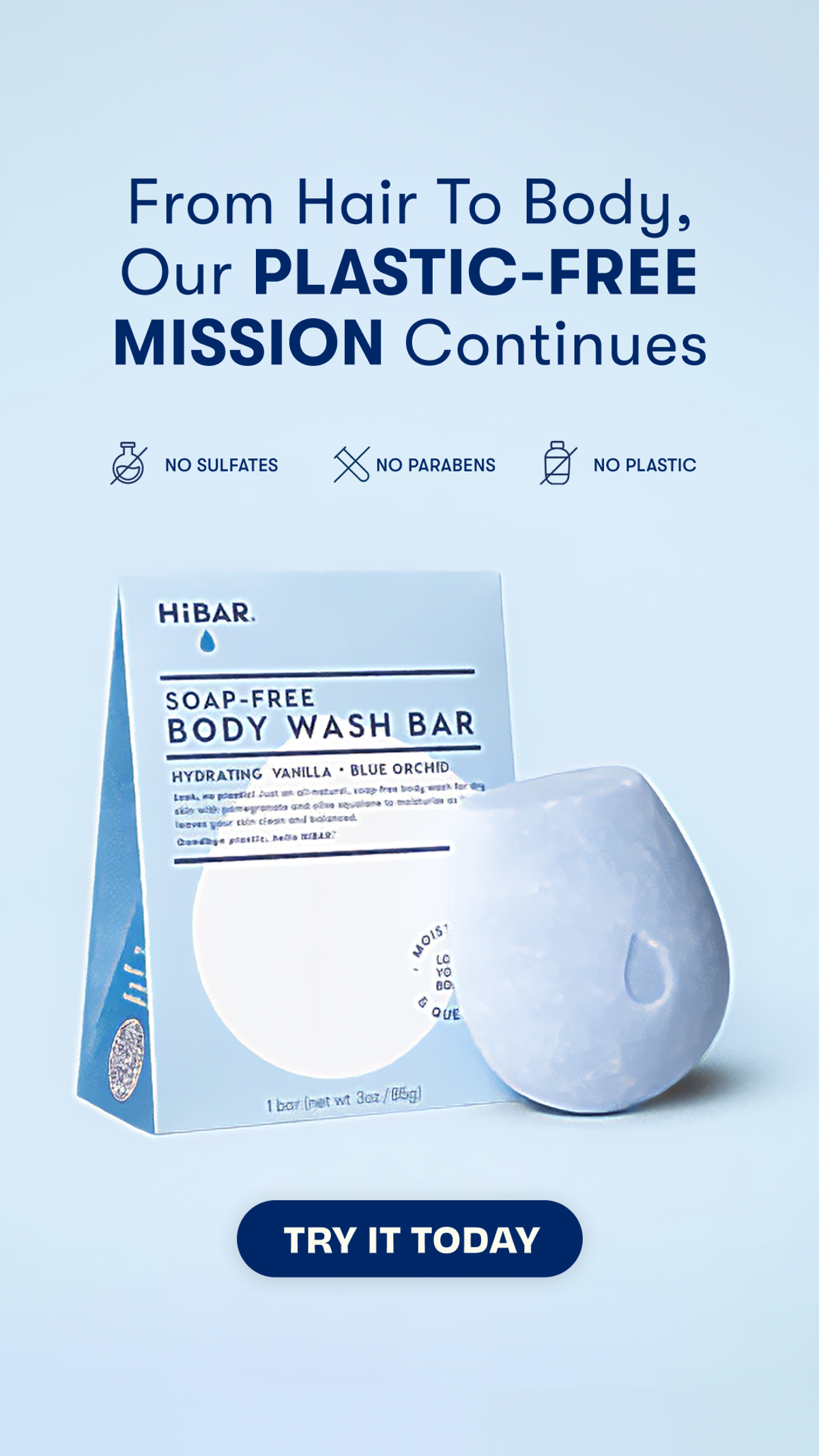 HiBAR body wash bar ad with a plastic-free message, product packaging and Try it today CTA
