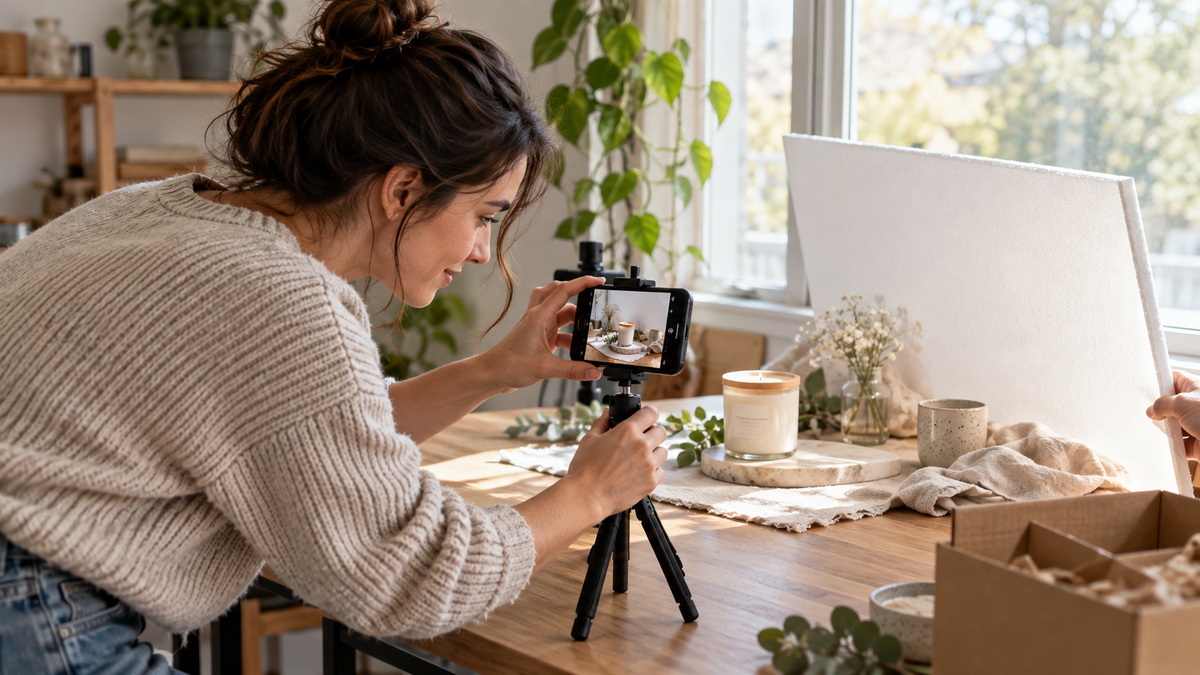 Small-business founder photographing a product with a smartphone and simple lighting