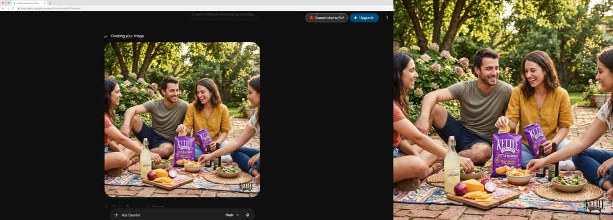 Gemini interface showing the prompt "Create a lifestyle shoot using my chips" with the generated picnic image of friends and two Kettle Studio bags; the brand name partly garbles, the flavor descriptor smears, and the background bag and corner logo are unreadable.