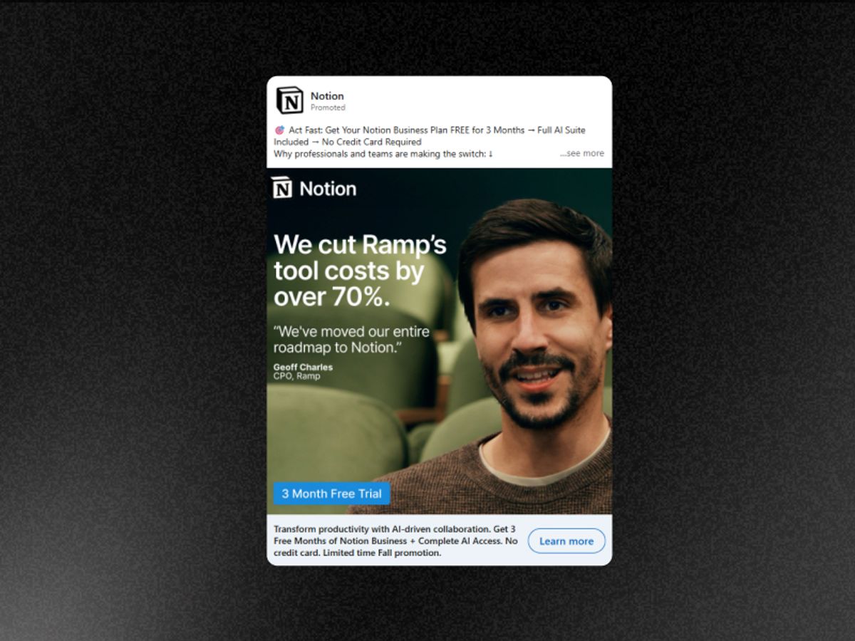 Clean LinkedIn case study static — "Ramp cut tool costs by 70% with Notion." Customer logo, brief outcome statement, Notion branding